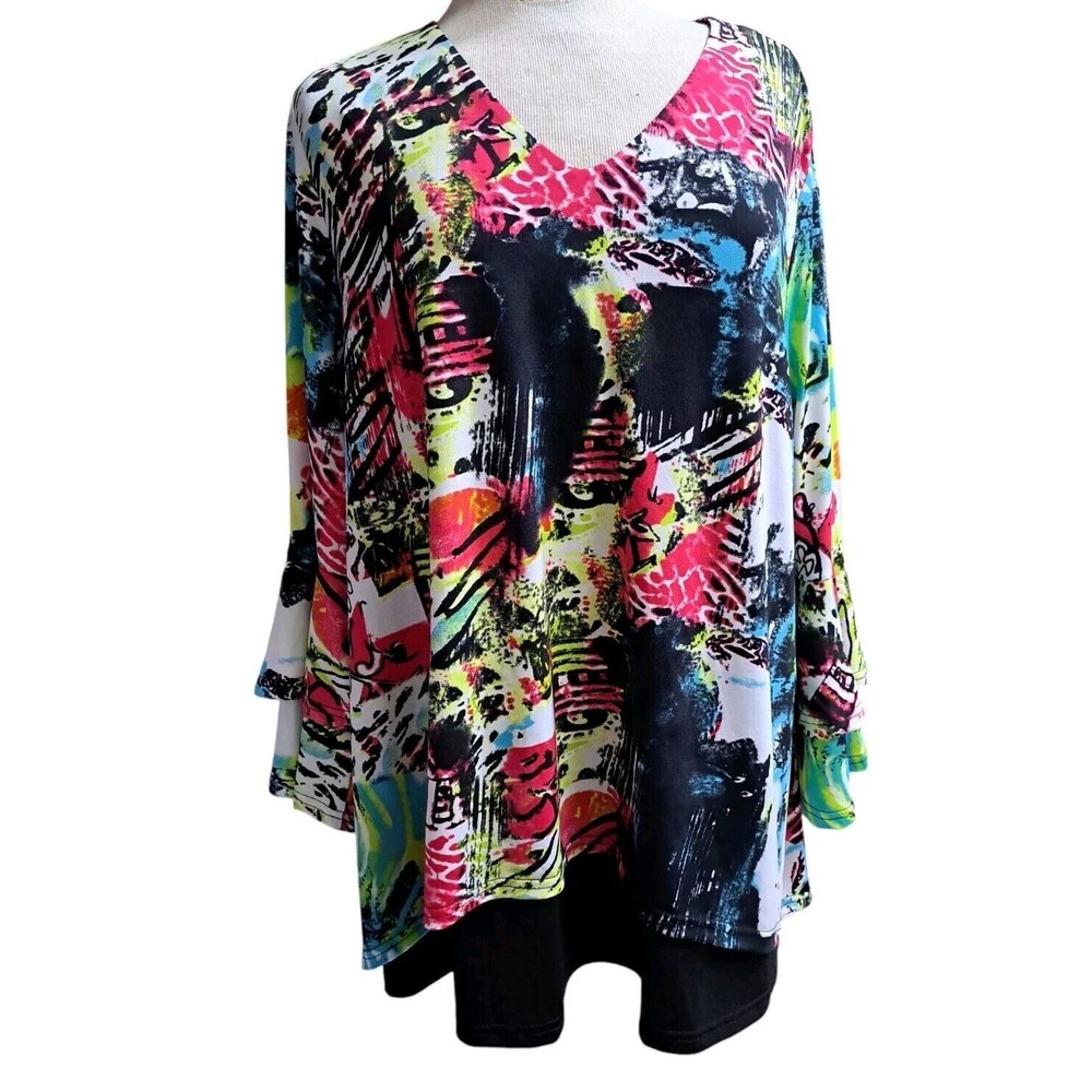 NWT Calessa Tunic Top Womens XL Abstract Flutter Sleeve Artsy Retro Boho Peasant